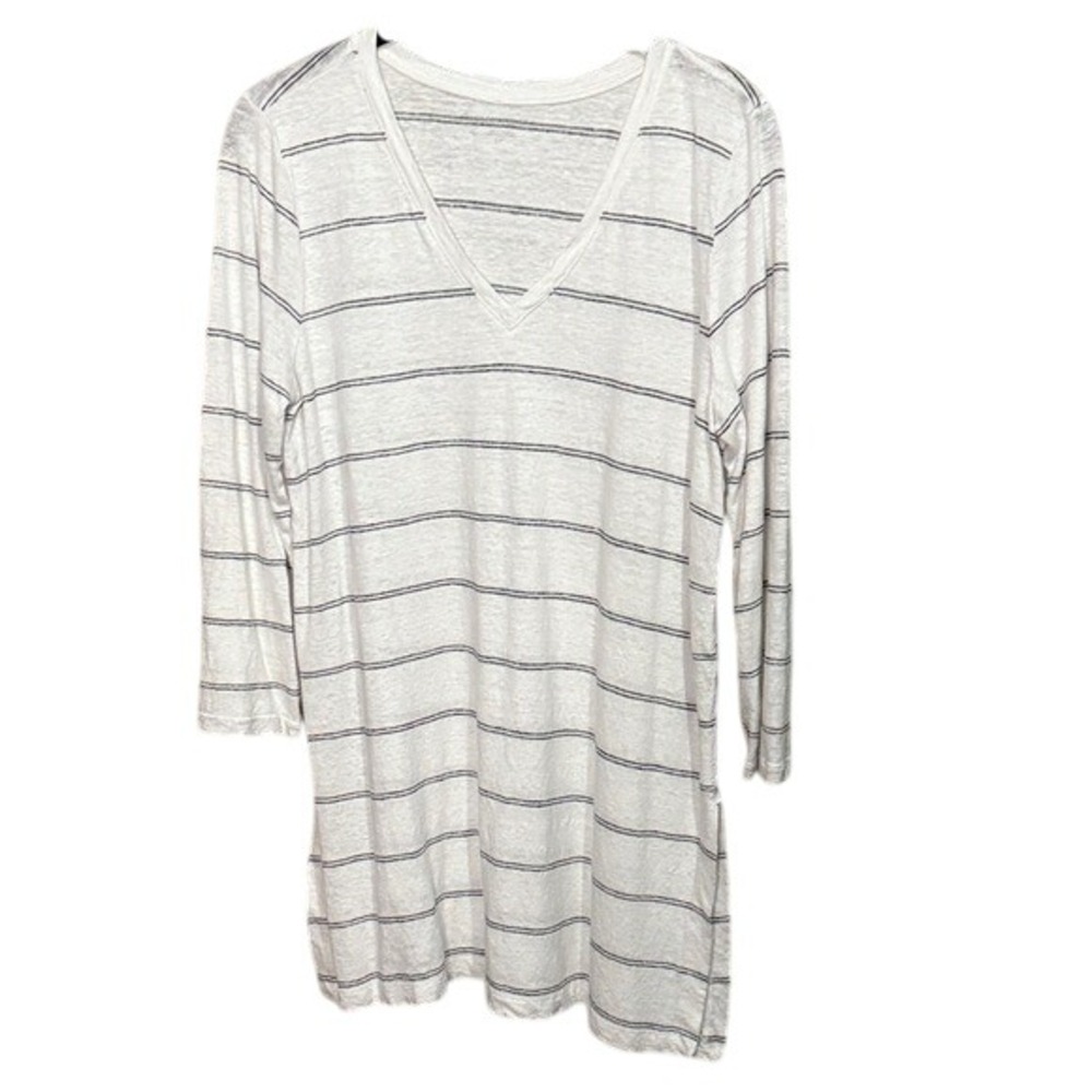 Eileen Fisher Striped Tunic‎ Top White Gray V Neck 3/4 Sleeve Small